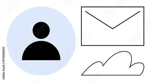 Profile icon, envelope, and cloud symbol representing communication, messaging, user identity, storage, data access, digital connections teamwork. Ideal for cloud services emailing file sharing