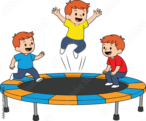 Children playing on trampoline, colorful outdoor activity, fun kids illustration, joyful childhood moment, physical exercise concept, vector art, white background