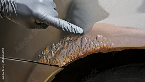 Canvas-taulu Close-up of a gloved hand inspecting rust damage and peeling paint on a car surface