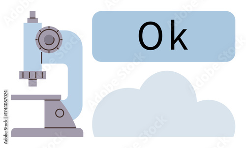 Microscope next to cloud and Ok text implying research validation and digital storage. Ideal for science, data analysis, technology, research, education, innovation, modern approval. Simple flat