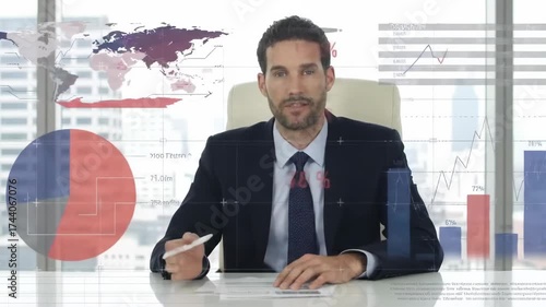 Confident caucasian businessman analyzes financial data in office. Growth graph report