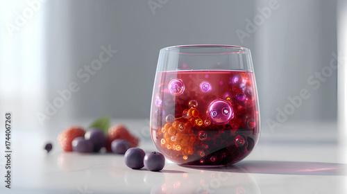 Floating vitamin bubbles glowing inside glass of vibrant berry juice with antioxidant icons and scattered fresh berries on white surface
