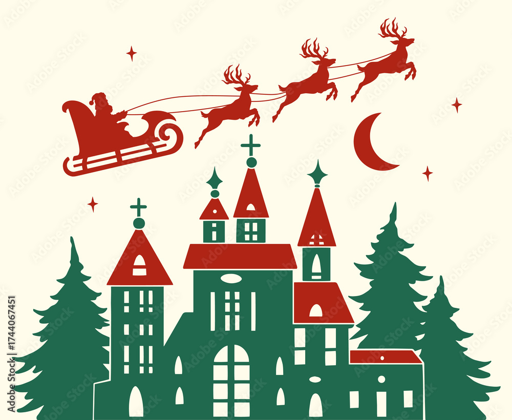 Naklejka premium Santa flying over a festive village at night
