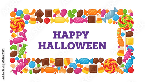 Festive Halloween Candy Display: A colorful array of candies and sweets form a delightful frame, announcing Happy Halloween, perfect for the spooky season's joy and treats.