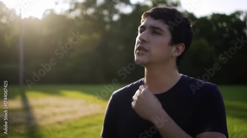 Handsome hispanic man speaking with someone outdoors in a park during daylight