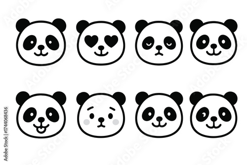 Cute Panda Faces. Line style icons of cute panda faces: round panda face, panda with heart eyes, sleepy panda, smiling panda;