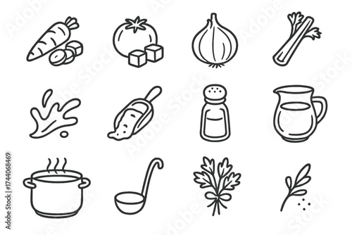 Soup Ingredient Icons. Line style icons of soup ingredients: chopped carrot, diced tomato, onion, celery stick; oil splash, flour