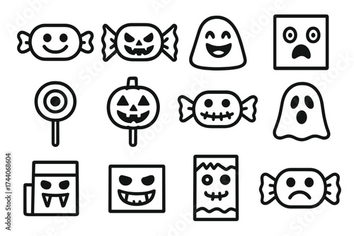 Halloween Candy Icons. Line style icons of candy with Halloween faces: smiling candy, scary wrapped sweet, laughing gumdrop,