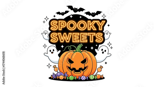 Spooky Halloween Treats: A vibrant illustration of Halloween with a grinning jack-o'-lantern at its center, surrounded by playful ghosts and sweets, a perfect depiction of festive season.
