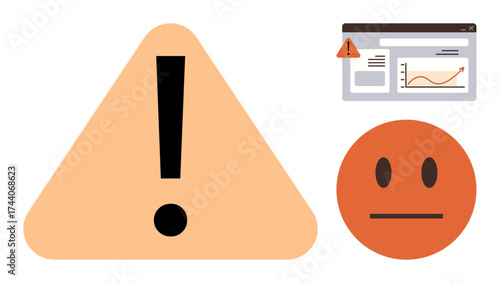 Triangle with exclamation mark, browser window displaying alert and graph, neutral face. Ideal for warning, caution, error notification, risk awareness, troubleshooting, data monitoring system
