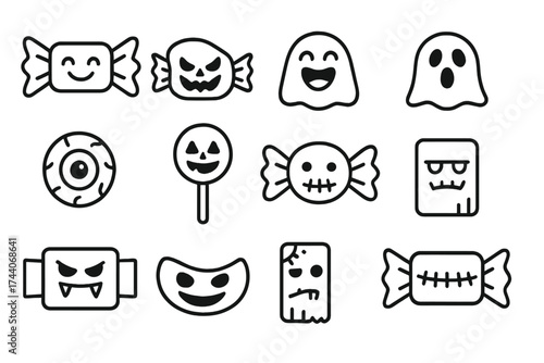 Halloween Candy Icons. Line style icons of candy with Halloween faces: smiling candy, scary wrapped sweet, laughing gumdrop,