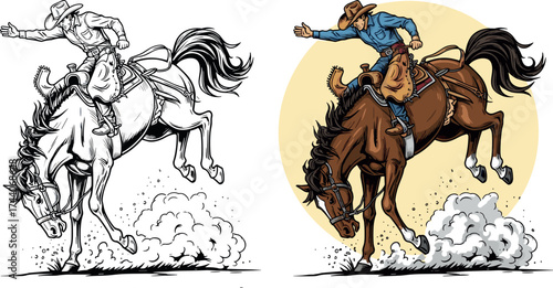Cowboy riding bucking horse illustration set, dynamic rodeo scene in line art and color versions for western sports, action, or lifestyle themes