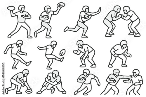 Football Actions Icons. Line style icons of player actions: quarterback throw, running back rush, wide receiver catch, lineman