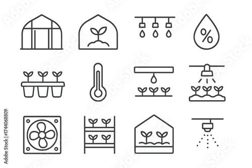 Greenhouse Line Icons. Line style icons of greenhouse and growing spaces: greenhouse frame, plant inside, irrigation pipe,