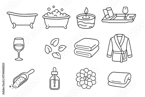 Luxurious Bath Icons. Line style icons of luxurious bath elements: clawfoot tub, bubble bath, floating candle, bath tray; glass of