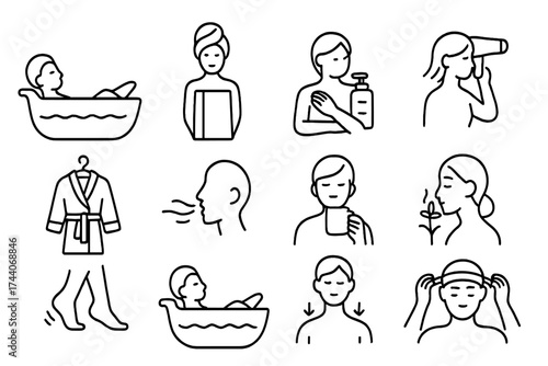 Bath Ritual Icons. Line style icons of bath time ritual: soak icon, towel wrap, post-bath lotion, dry hair icon; robe on hook,