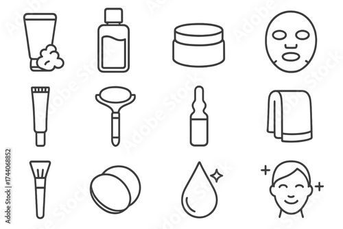 Facial Care Icons. Line style icons of facial care routine: cleansing foam, toner bottle, moisturizer jar, sheet mask; eye cream,