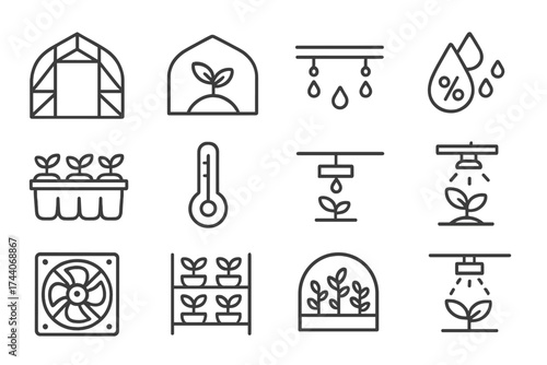 Greenhouse Line Icons. Line style icons of greenhouse and growing spaces: greenhouse frame, plant inside, irrigation pipe,