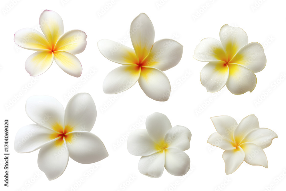Fototapeta premium plumeria flowers showing details of the petals and centers isolated on white background