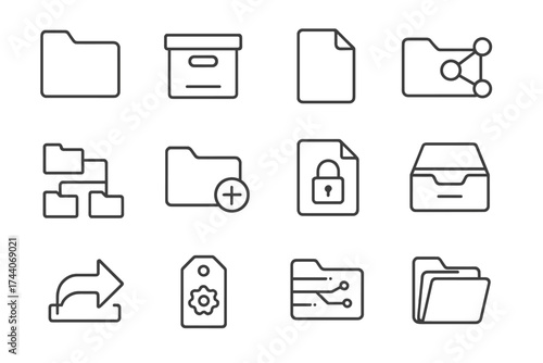 File Management Icons. Line style icons of file management: folder icon, archive box, document label, shared folder; file