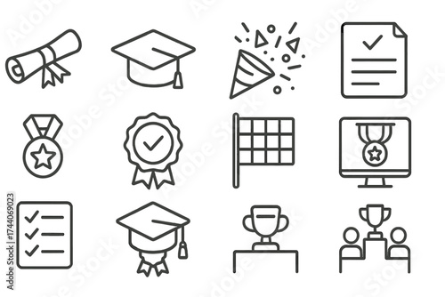 Graduation Icon Set. Line style icons of graduation and completion: diploma scroll, graduation cap, confetti icon, final test