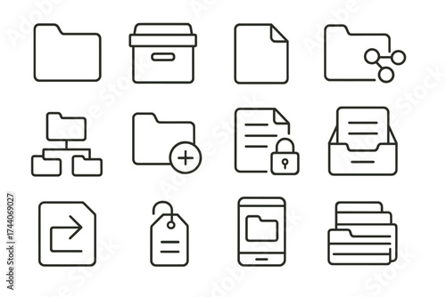 File Management Icons. Line style icons of file management: folder icon, archive box, document label, shared folder; file