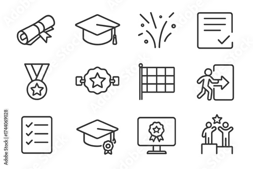 Graduation Icon Set. Line style icons of graduation and completion: diploma scroll, graduation cap, confetti icon, final test