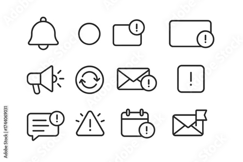Office Alert Icons. Line style icons of office notifications and alerts: bell icon, red dot, popup window, reminder badge;