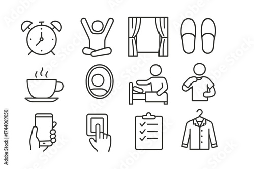 Morning Routine Icons. Line style icons of morning routine icons: alarm ringing, stretching arms, curtain opening, slippers on