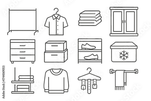 Clothing Storage Icons. Line style icons of clothing storage: clothes rack, hanger with shirt, folded clothes, wardrobe with doors