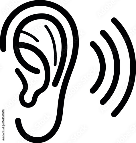 Simple outline icon of a human ear with sound waves representing hearing or listening concept