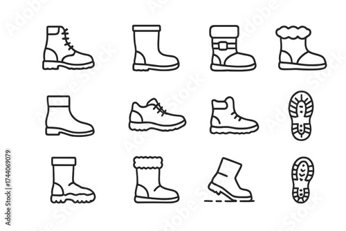 Winter Boot Icons. Line style icons of winter boots and footwear: lace-up boots, waterproof boots, snow boots, fur-lined shoes;