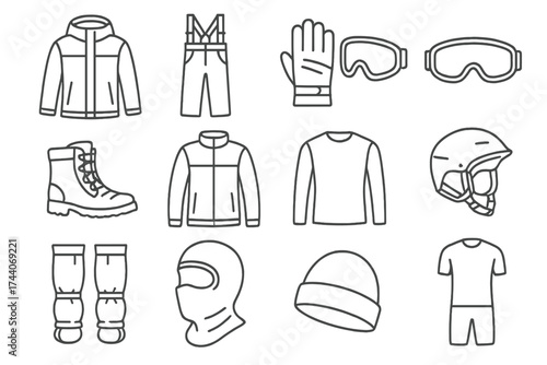 Ski Apparel Icons. Line style icons of snow and ski apparel: ski jacket, snow pants, ski gloves, goggles; snow boots, insulated
