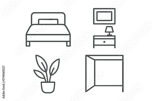 Minimal Bedroom Icons. Line style icons of minimal bedroom details: straight pillow, even sheet, tidy nightstand, centered frame;