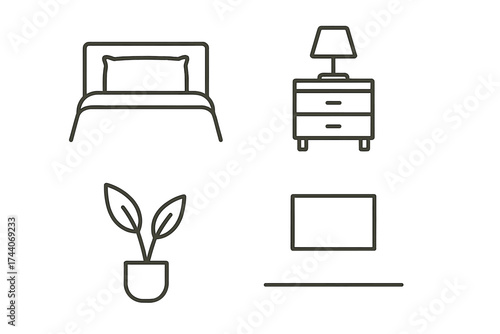 Minimal Bedroom Icons. Line style icons of minimal bedroom details: straight pillow, even sheet, tidy nightstand, centered frame;
