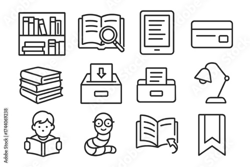 Library Icons Collection. Line style icons of library and reading: bookshelf, open book with magnifier, e-reader, library card;
