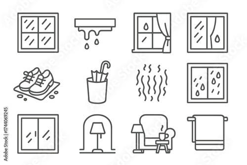 Cozy Rainy Home Icons. Line style icons of home in rain: window with streaks, dripping sill, curtain with drop, glass reflection;