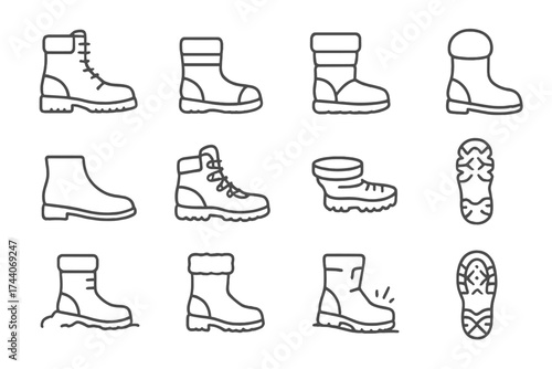 Winter Boot Icons. Line style icons of winter boots and footwear: lace-up boots, waterproof boots, snow boots, fur-lined shoes;