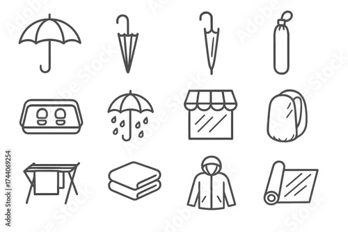 Weather Accessories Icons. Line style icons of weather accessories: umbrella with hook, travel umbrella, closed umbrella, umbrella