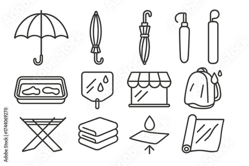 Weather Accessories Icons. Line style icons of weather accessories: umbrella with hook, travel umbrella, closed umbrella, umbrella