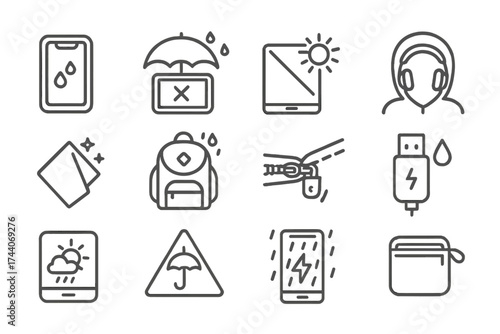 Rainproof Tech Icons. Line style icons of tech and rain protection: waterproof phone case, tablet under umbrella, screen glare,