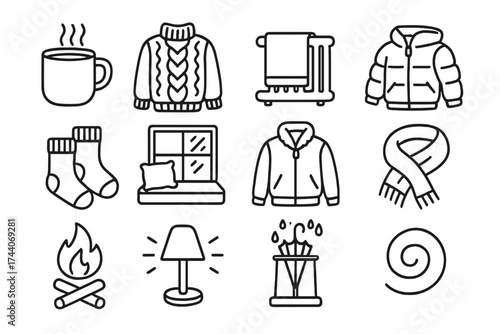 Cozy Rain Essentials. Line style icons of warmth and dryness in rain: hot tea mug, thick sweater, towel on heater, heated boots;