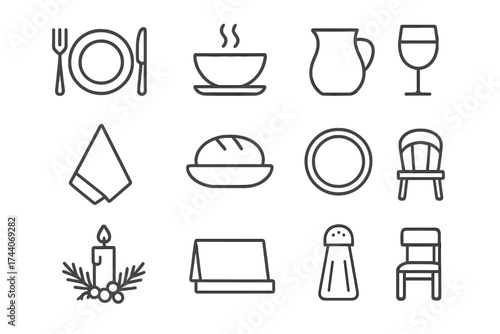 Thanksgiving Table Icons. Line style icons of Thanksgiving table setting: plate, fork and knife, soup bowl, wine glass; napkin,