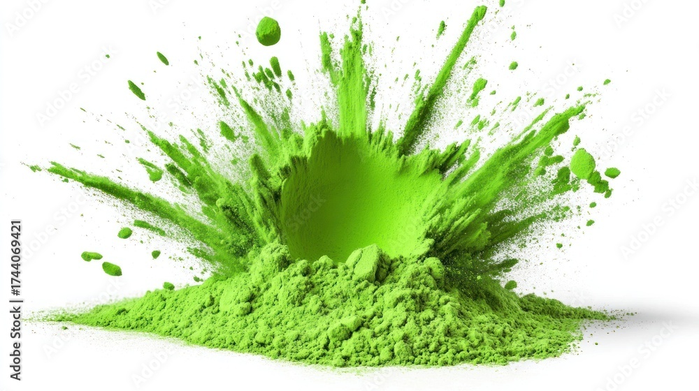 Fototapeta premium Bright green powder exploding outwards on a white background.
