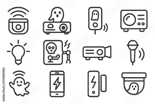 Halloween Tech Icons. Line style icons of Halloween tech: motion detector, haunted projector, fog remote, sound box; light sensor,