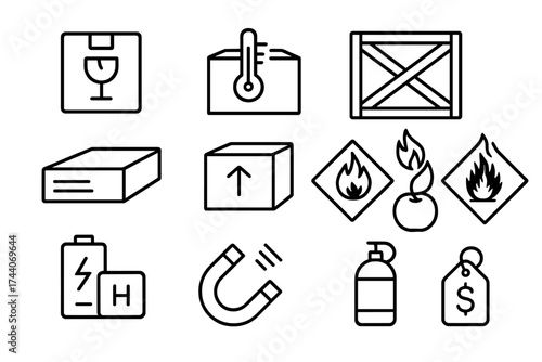 Cargo Type Icons. Line style icons of cargo types: fragile icon, temperature-sensitive box, oversized crate, flat pack; heavy