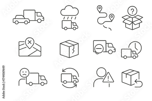Delivery Delay Icons. Line style icons of delivery delays and issues: traffic icon, weather delay, broken route, missing parcel;
