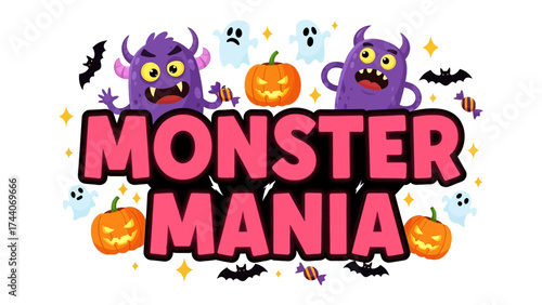 Monster Mania: A lively Halloween design featuring colorful monsters, pumpkins, and spooky ghosts. Capturing the essence of the holiday's fun and frights.