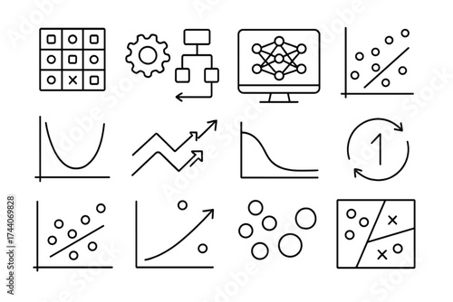 Machine Learning Icons. Line style icons of machine learning elements: training data, testing process, model evaluation, accuracy