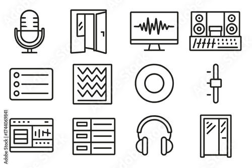 Studio Line Icons. Line style icons of studio and recording: recording mic, vocal booth, waveform monitor, studio desk; track